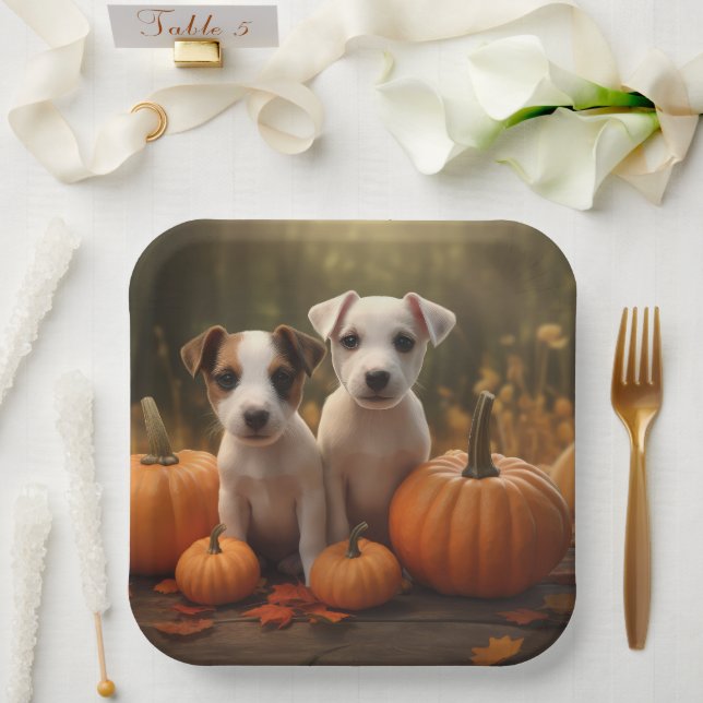 Jack Russell Puppy Autumn Delight Pumpkin  Paper Plate (Wedding)