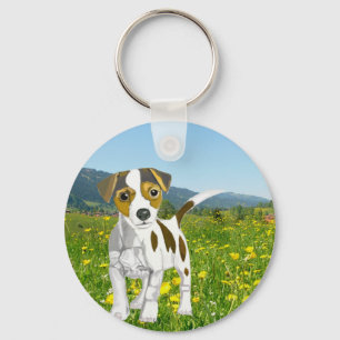 Jack Russell puppy in a Flower Meadow  Keychain