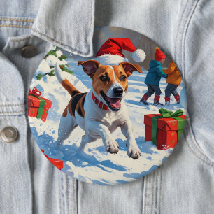 Jack Russell Running in Snow with Christmas Hat 6 Inch Round Button