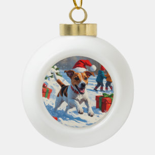 Jack Russell Running in Snow with Christmas Hat Ceramic Ball Christmas Ornament
