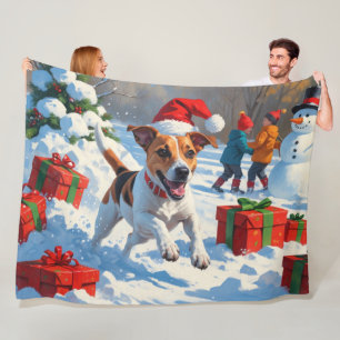 Jack Russell Running in Snow with Christmas Hat Fleece Blanket
