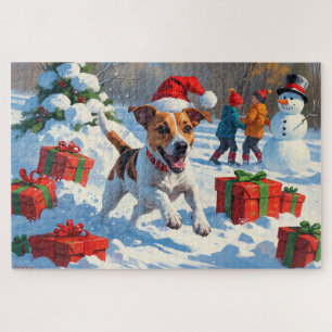 Jack Russell Running in Snow with Christmas Hat Jigsaw Puzzle