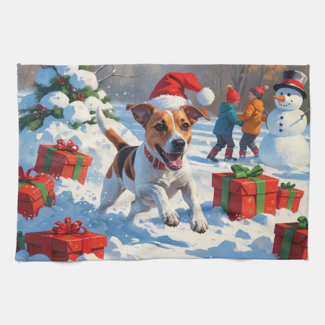 Jack Russell Running in Snow with Christmas Hat Kitchen Towel (Horizontal)