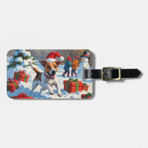 Jack Russell Running in Snow with Christmas Hat Luggage Tag
