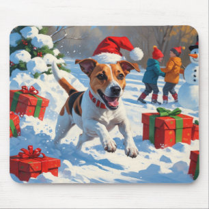 Jack Russell Running in Snow with Christmas Hat Mouse Pad