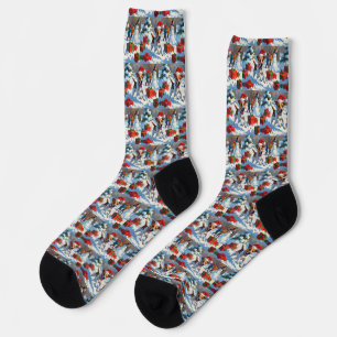 Jack Russell Running in Snow with Christmas Hat Socks