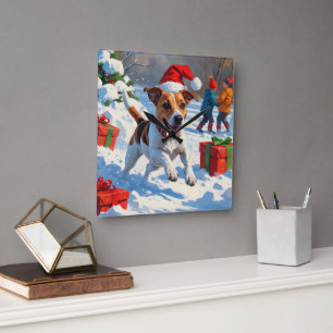 Jack Russell Running in Snow with Christmas Hat Square Wall Clock