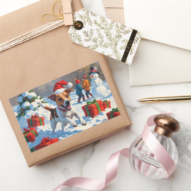 Jack Russell Running in Snow with Christmas Hat Sticker (Gifting)