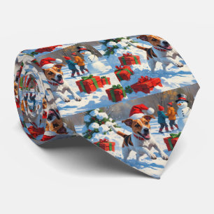 Jack Russell Running in Snow with Christmas Hat Tie