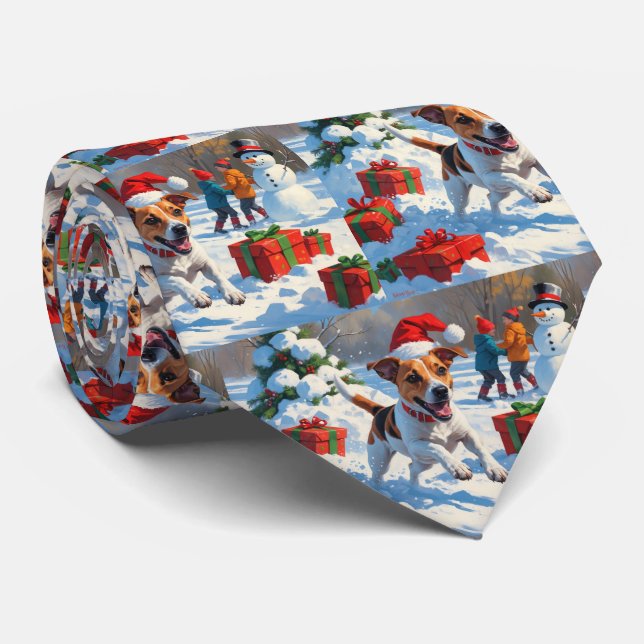 Jack Russell Running in Snow with Christmas Hat Tie (Rolled)