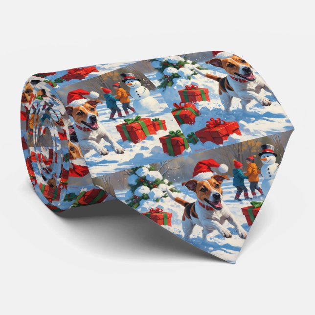 Jack Russell Running in Snow with Christmas Hat Tie (Rolled)