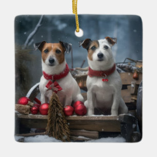 Jack Russell Snowy Sleigh Christmas Decor  Ceramic Ornament