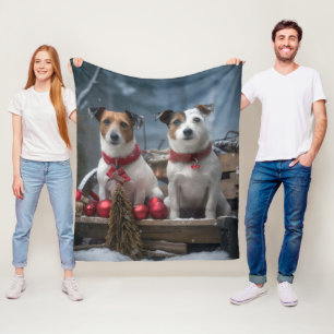 Jack Russell Snowy Sleigh Christmas Decor Fleece Blanket
