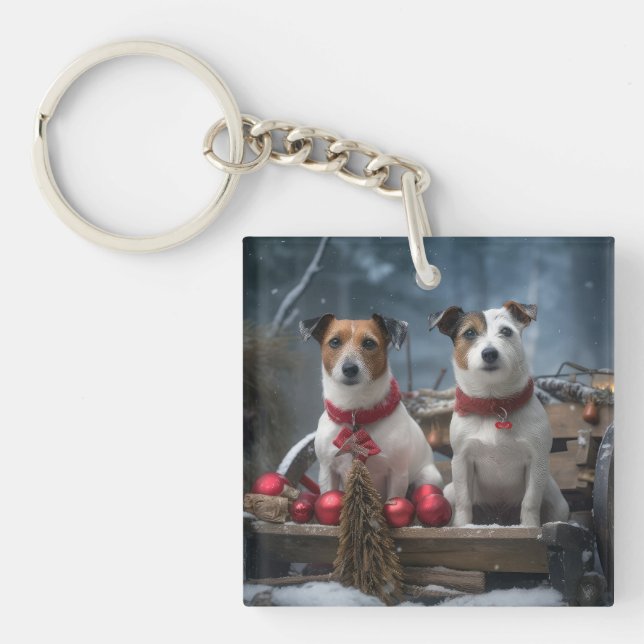 Jack Russell Snowy Sleigh Christmas Decor  Keychain (Front)