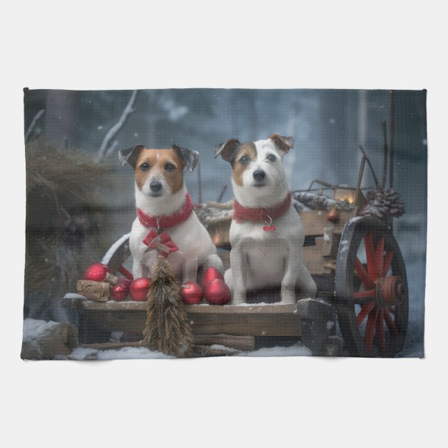 Jack Russell Snowy Sleigh Christmas Decor  Kitchen Towel (Horizontal)