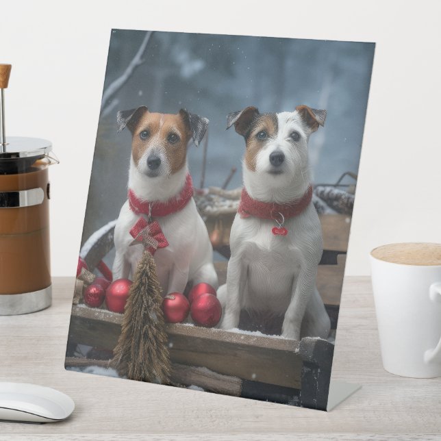 Jack Russell Snowy Sleigh Christmas Decor  Pedestal Sign (In SItu)