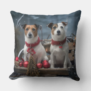 Jack Russell Snowy Sleigh Christmas Decor  Throw Pillow