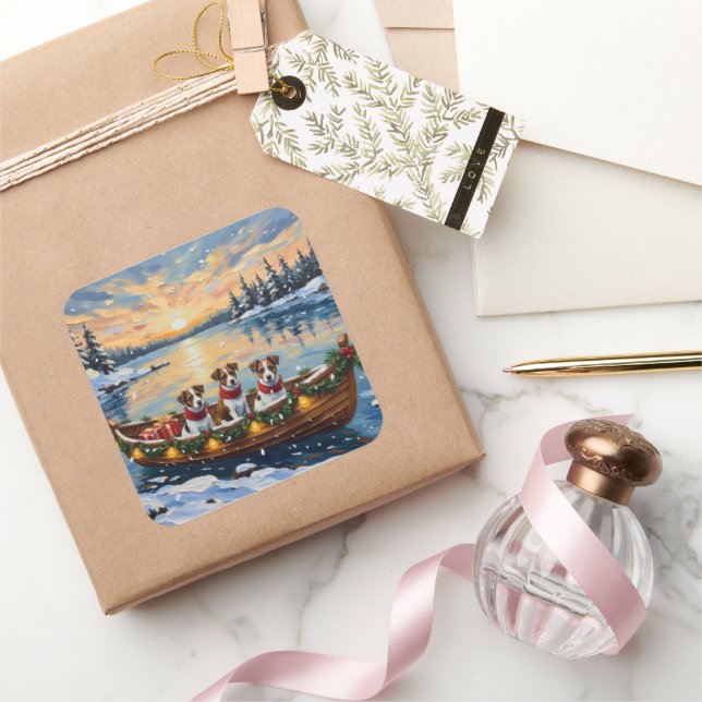 Jack Russell Terrier Christmas Boat Holiday Square Sticker (Gifting)