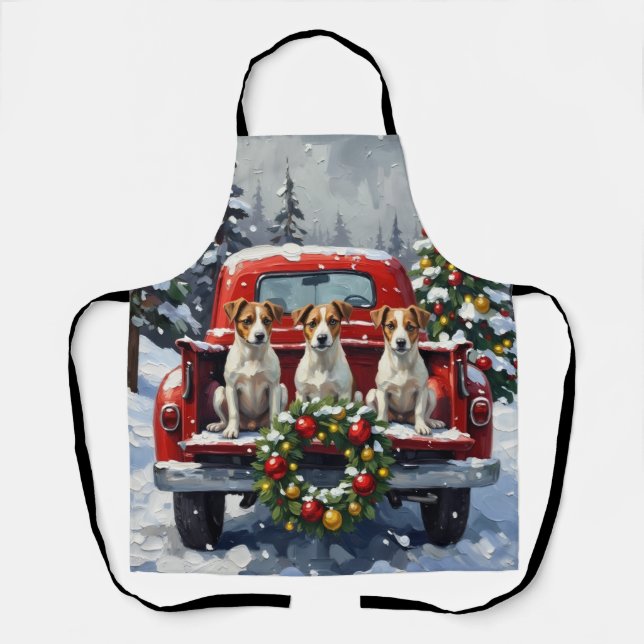 Jack Russell Terrier Christmas Red Truck Holiday Apron (Front)