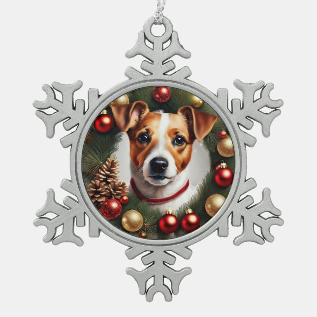 Jack Russell Terrier Christmas Snowflake Pewter Christmas Ornament (Front)