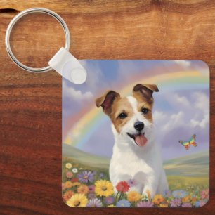 Jack Russell Terrier Custom Name Rainbow Butterfly Keychain