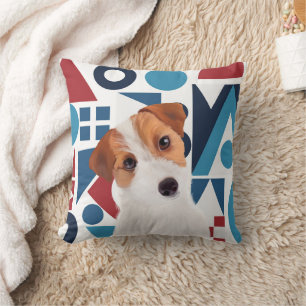 Jack Russell Terrier Dog Blue and Red Geometric Throw Pillow