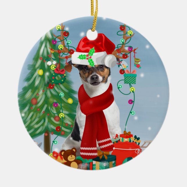 Jack Russell Terrier Dog in Snow Christmas Gifts   Ceramic Ornament (Front)