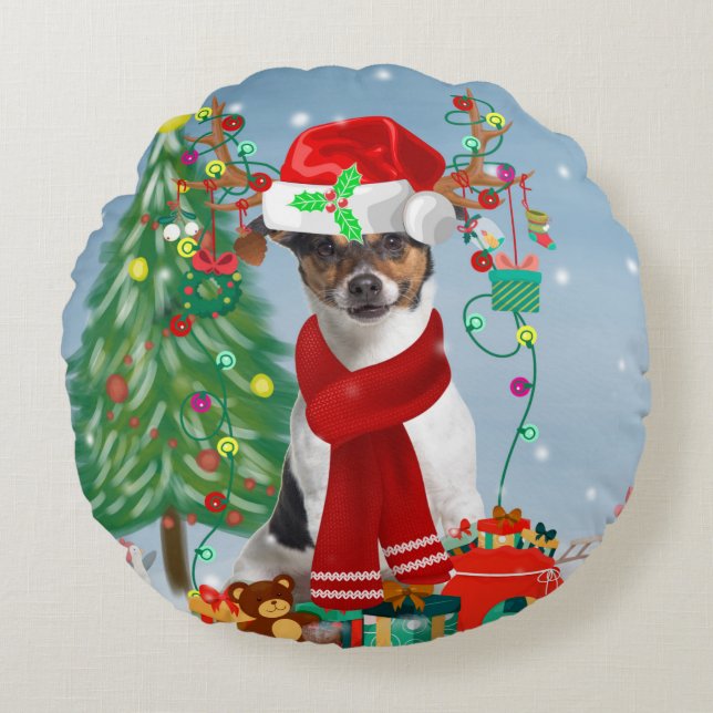 Jack Russell Terrier Dog in Snow Christmas Gifts   Round Pillow (Front)