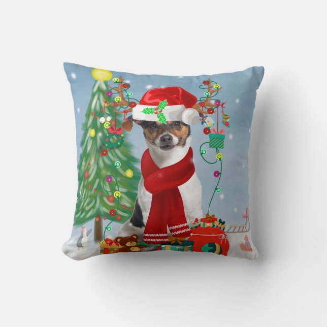 Jack Russell Terrier Dog in Snow Christmas Gifts  Throw Pillow (Front)