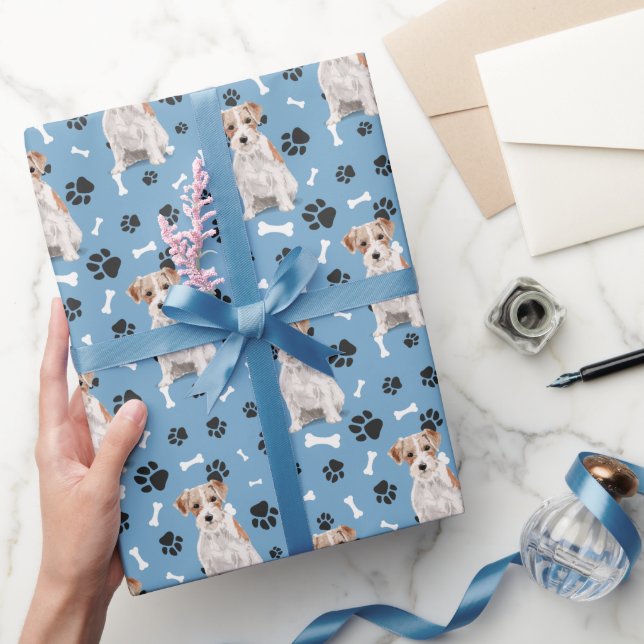 Jack Russell Terrier Dog Paw Print Pattern on Blue Wrapping Paper (Gifting)