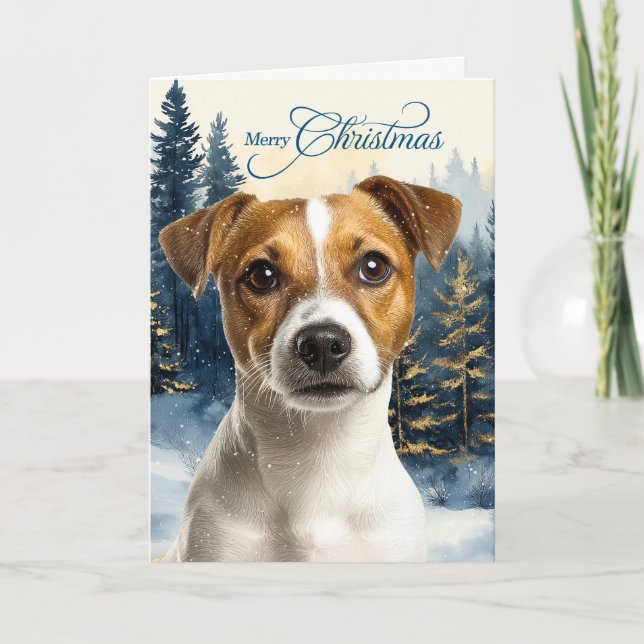 Jack Russell Terrier Dog Pine Forest Christmas Holiday Card (Front)