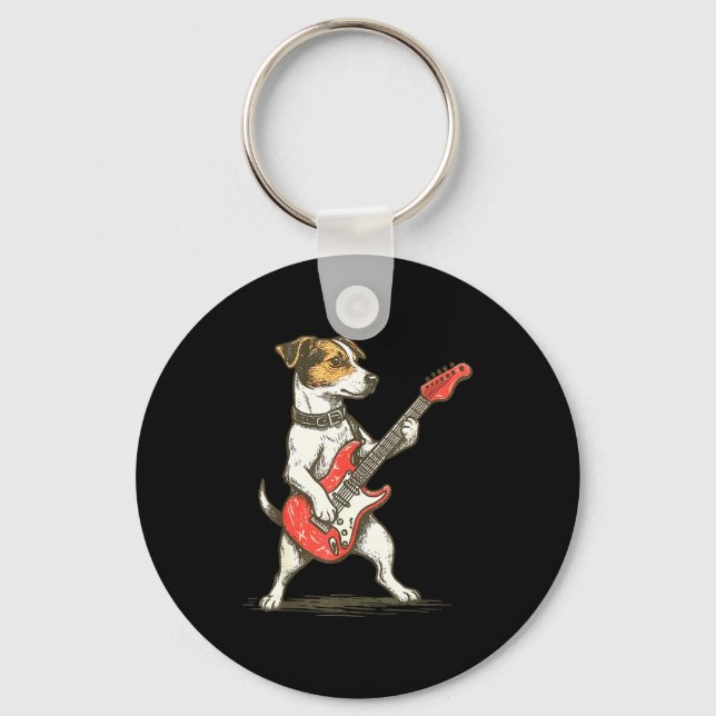 Jack Russell Terrier Dog Playing Guitar Rocker Gui Keychain (Front)