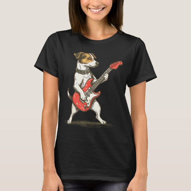Jack Russell Terrier Dog Playing Guitar Rocker Gui T-Shirt (Front)