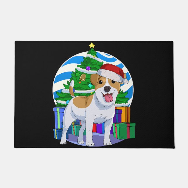 jack russell terrier dog santa christmas tree deco doormat (Front)