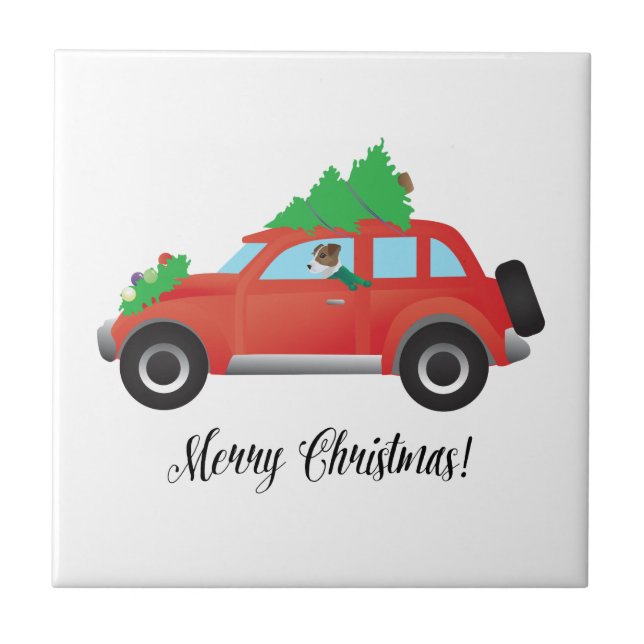 Jack Russell Terrier Driving Christmas Car Tile (Front)