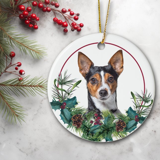 Jack Russell Terrier Evergreen Berry Wreath Ceramic Ornament (Creator Uploaded)