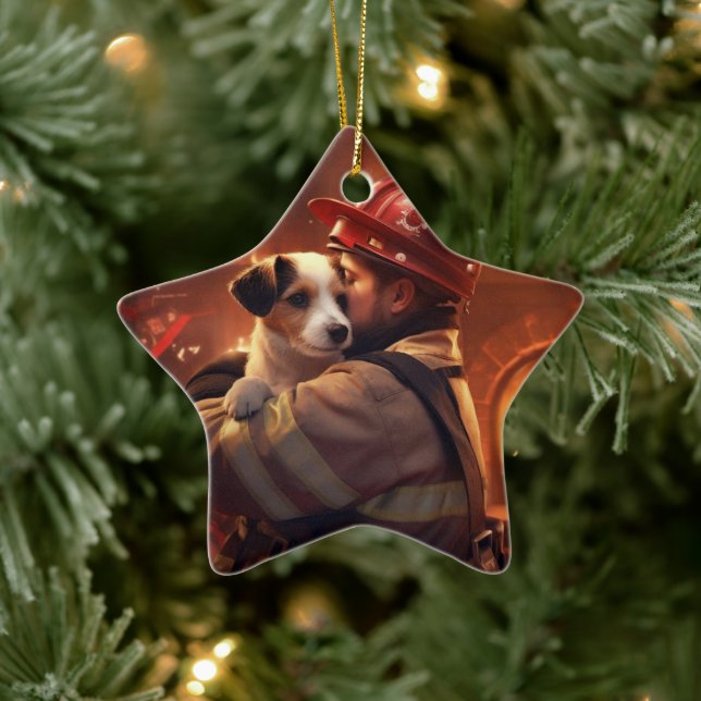 Jack Russell Terrier Fireman, Puppy, Pet Dog Lover Ceramic Ornament (Tree)