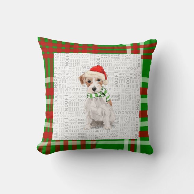 Jack Russell Terrier Holiday Plaid Christmas Dog Throw Pillow (Front)
