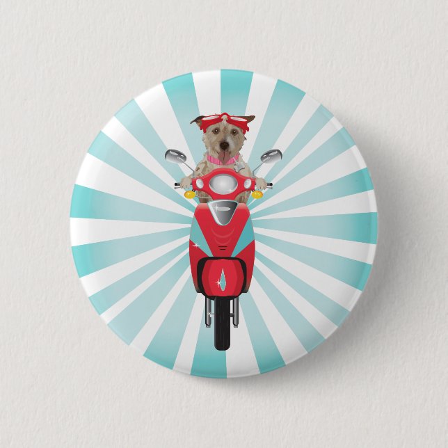 Jack Russell Terrier on Red Moped 2 Inch Round Button (Front)
