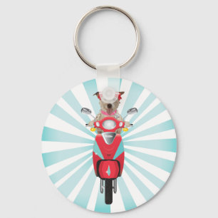 Jack Russell Terrier on Red Moped Keychain