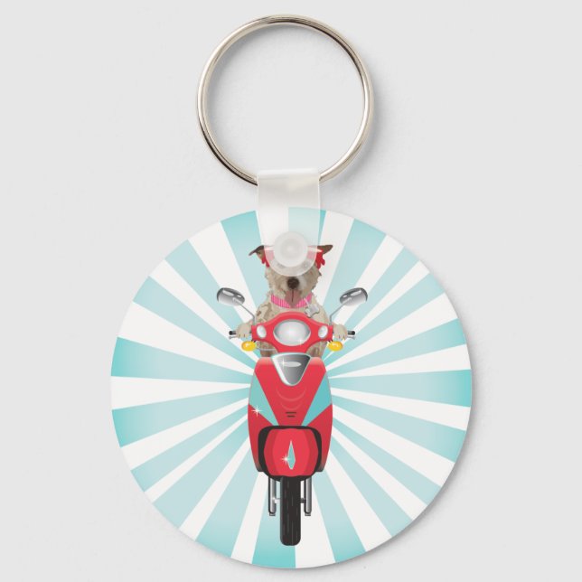Jack Russell Terrier on Red Moped Keychain (Front)