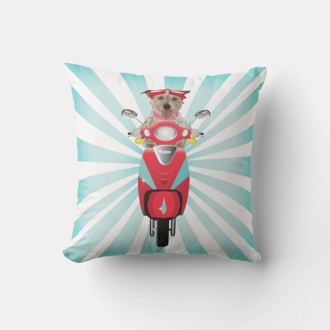 Jack Russell Terrier on Red Moped Throw Pillow (Front)