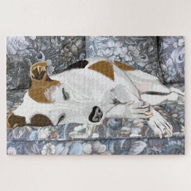 Jack Russell Terrier Peacefully Sleeping on Sofa Jigsaw Puzzle (Horizontal)