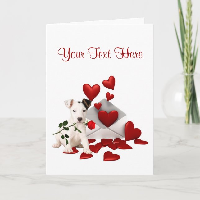 Jack Russell Terrier Red Rose Valentine Design Holiday Card (Front)