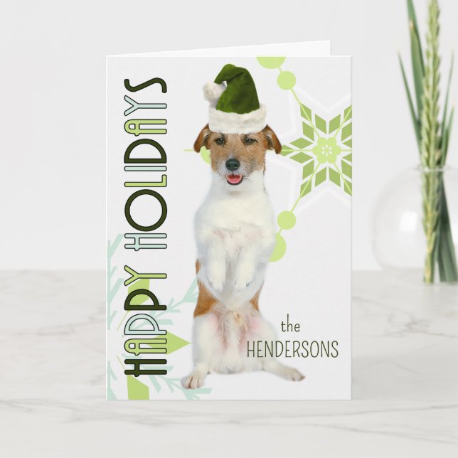 Jack Russell Terrier Santa Dog Green Christmas Holiday Card (Front)