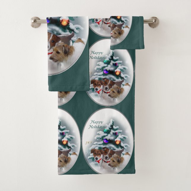 Jack Russell Terrier Trio Christmas Bath Towel Set (Insitu)