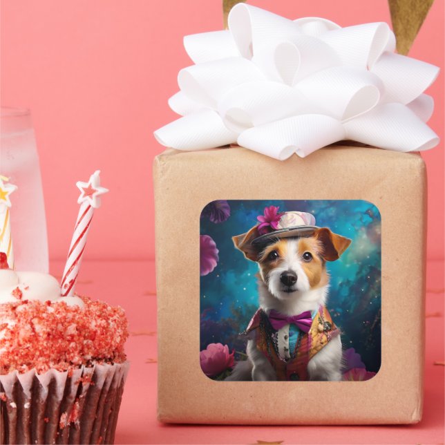 Jack Russell, white hat, pink flower Square Sticker (Party)