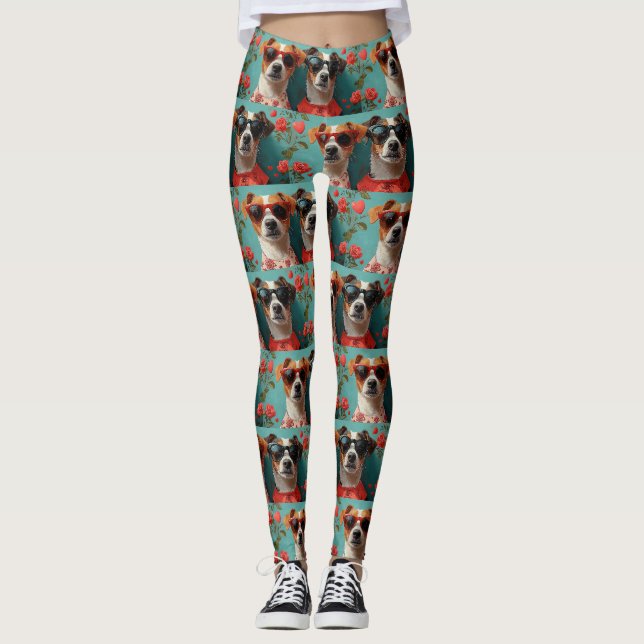 Jack Russell With Heart Roses Valentine's Day Leggings (Front)