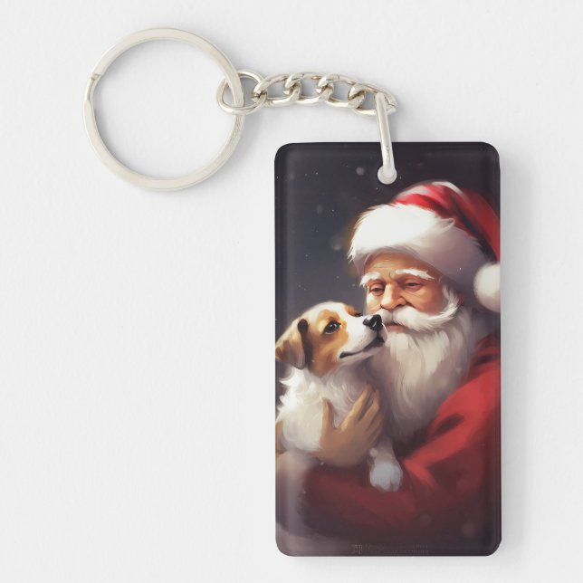 Jack Russell With Santa Claus Festive Christmas Keychain (Front)