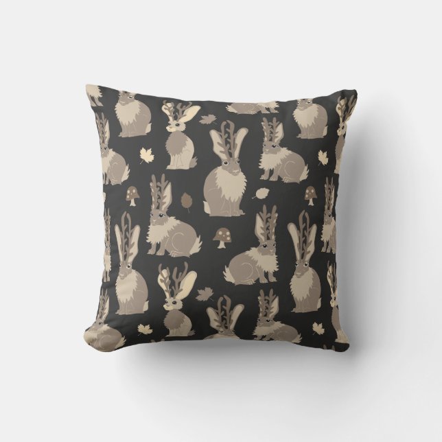 Jackalope Forest Funny Mythical Rabbit Print Black Throw Pillow (Front)